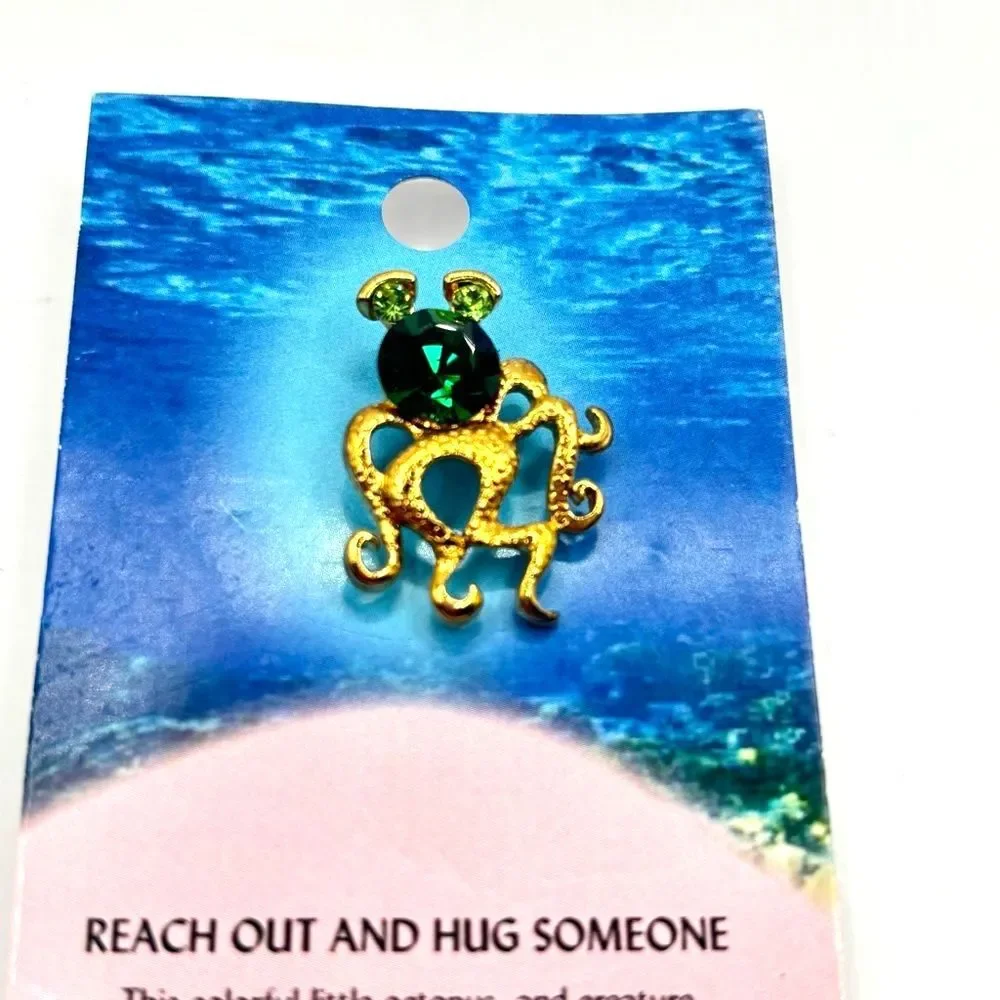 Gold Octopus Lapel Pin Green Rhinestone Animal Brooch